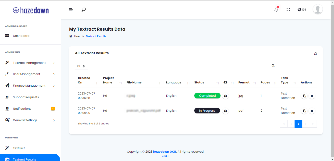 textract result(user panel)